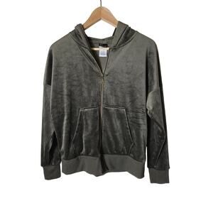 FELINA Green Super Soft Velour Retro Active Sporty Casual Full Zip Hoodie SZ S